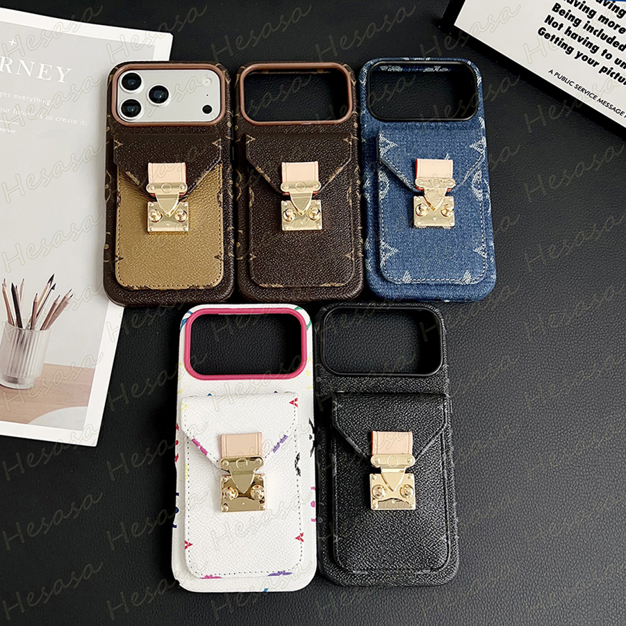 Designer Lock Card Pocket Phone Case for iPhone 17 Pro Max 16 15 14 13 12 12pro Premium Leather Retro Print Flower Letter Shockproof Luxury Cover iPhone16 15pro Purse