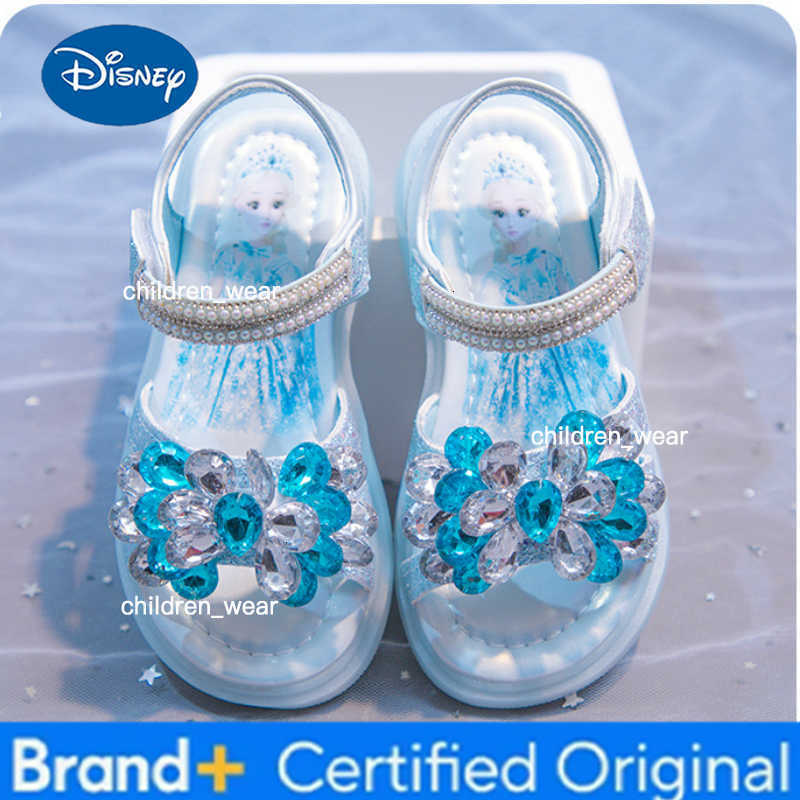Disney Kids Sandals Elsa Princess Frozen PU Leather Crystal Summer Flat Shoes For Girls Breathable Anti-slip Blue Pink Size 23-33 H260303