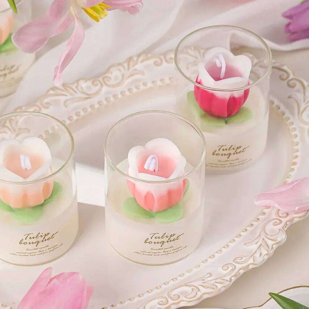 Handmade Tulip Glass Jar Aromatherapy Scented Soy Wax Candle, Birthday Wedding Candles, Home Party Decoration W260303