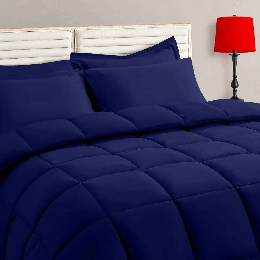Navy Full Size Comforter Set - 7 Pieces Bed in a Bag Bedding with All Season Soft Quilted Warm Fluffy Reversible Includes Flat W260302