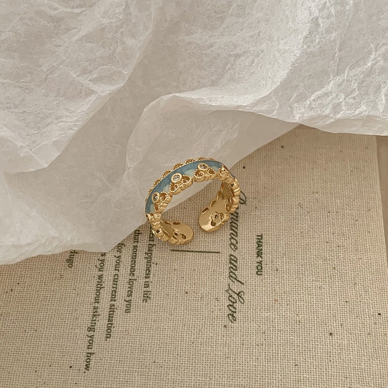 New Chinese Style Enamel Pattern Ring Vintage Traditional Floral Design Gold Plated Open Adjustable Ring Elegant Ethnic Style Jewelry Gift for Women