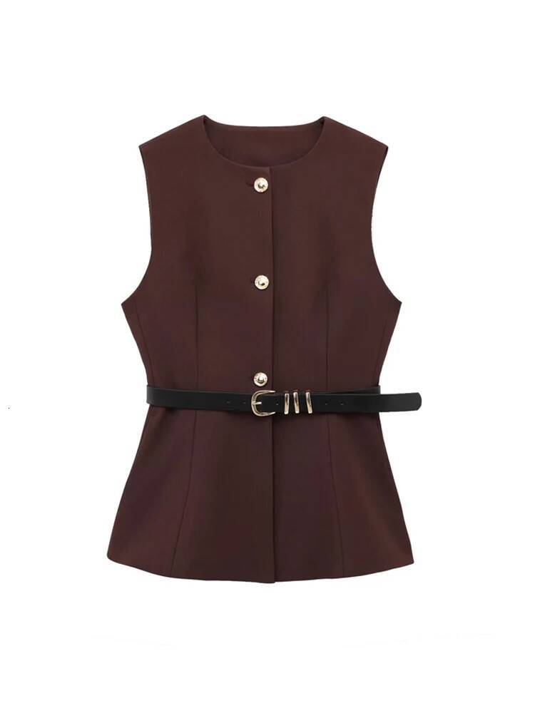 Women's Long Waistcoat with Belt, Front Gold Button, O Neck Sleeveless Vest, Female Outerwear, Chic Tops, Fashion dongdumaoyi