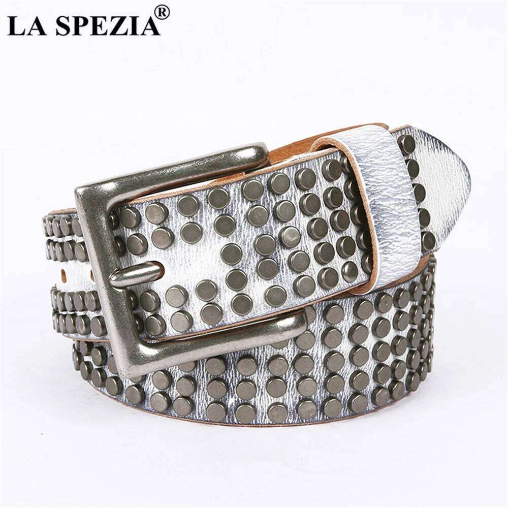 LA SPEZIA Rock Belts Men Women Punk Rivet Genuine Cowskin Leather Buckle Black Cofee White Steampunk Accessories S260228