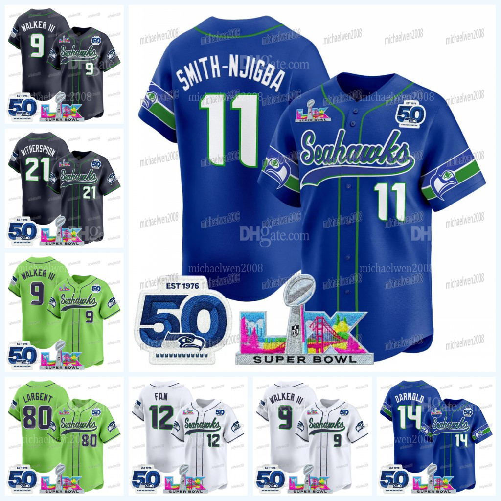 Seattles Seahawkss 2026 Super Bowl LX Patch 50th Anniversary Baseball Jersey Sam Darnold Jaxon Smith-Njigba Witherspoon Walker Lockett Wagner Large Women