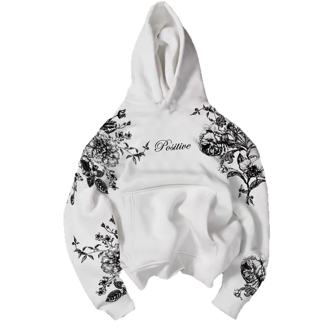 2026 Luxury Brand Designer Clothing Men's Street Floral Hooded Sweatshirt White "Positive" Artistic Top