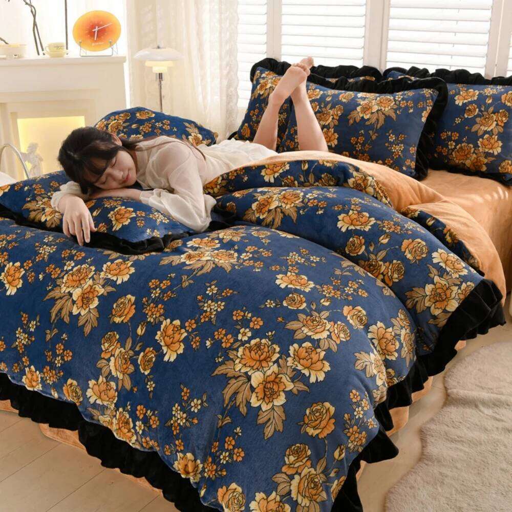 Korean Style Milk Velvet Four-Piece Thickened Winter Warm Soft Duvet Quilt Cover Bed Sheet Pillowcase Bedding Set W260302 W260302