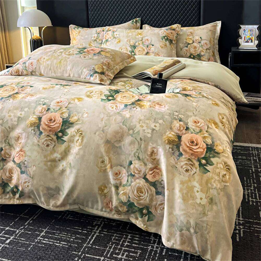 Flower Printed Bedding Soft Luxury Bedroom Decor Duvet Cover Comforter Pillowcase Bed Sheet Washed Cotton Four Piece Set W260302