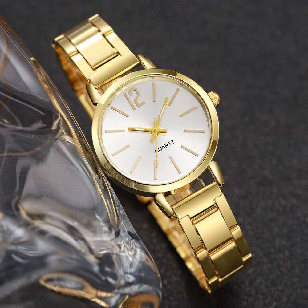 2PCS Women's Watch Fashion Gold Steel Band Quartz Wristwatch Opening Cuff Bracelet Set XJ260303