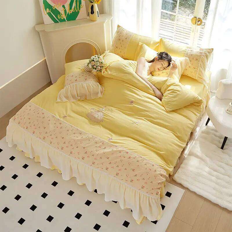 Washed Cotton Four-piece Korean Princess Ruffled Sheet Quilt Cover Set Skirt Ins Style Bed Three-piece W260302