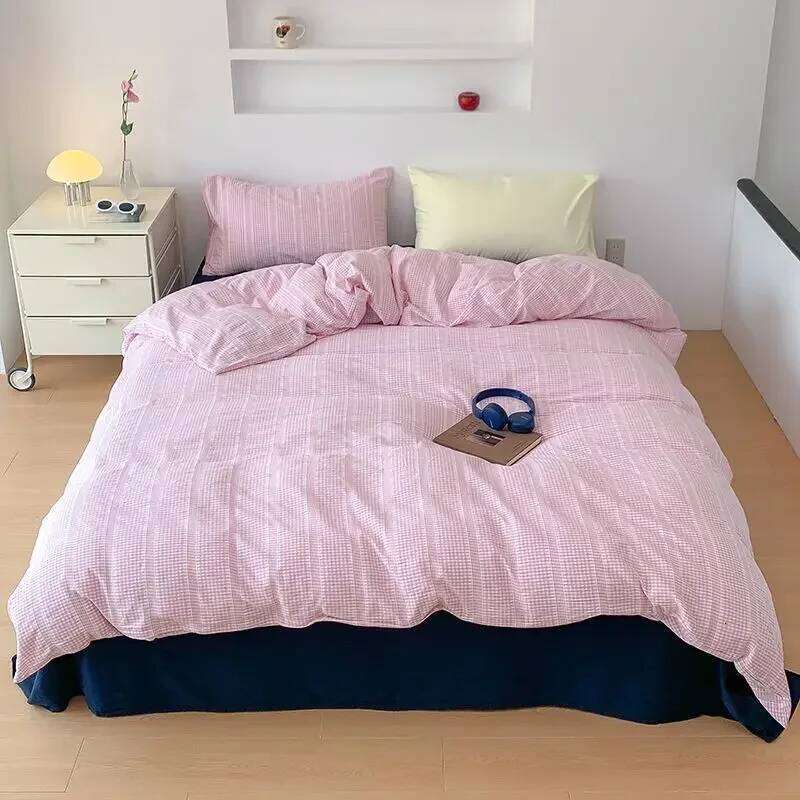 For Ins Dopamine Korean Striped Washed Cotton Four-piece Bedding Cream Style Bed Sheet Quilt Cover Three-piece Set W260302