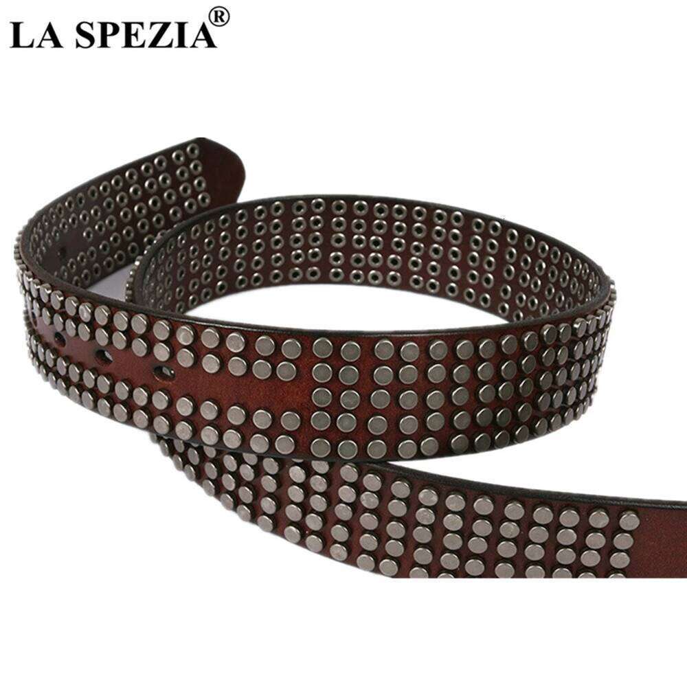 LA SPEZIA Rock Belts Men Women Punk Rivet Genuine Cowskin Leather Buckle Black Cofee White Steampunk Accessories S260228