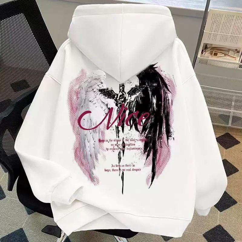 American Vintage Street Wing Sword Print Hoodie, Unisex Autumn Winter Trendy Ins Style Loose Fleece Hooded Sweatshirt