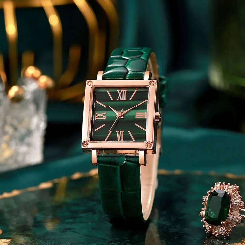 Green Women's Set Fashion Trend Simple Rectangular Dial Quartz Watch Perfect Gift XJ260303