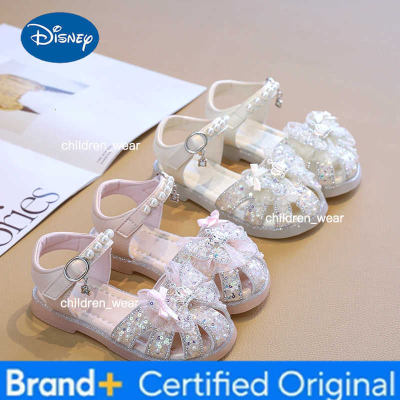 Disney New Summer Children Crown Sandals Wedding Party Girls Bowknot Pearl Shoes Sweet Elegant Kids Causal Princess Dress Flat Sandals H26030311