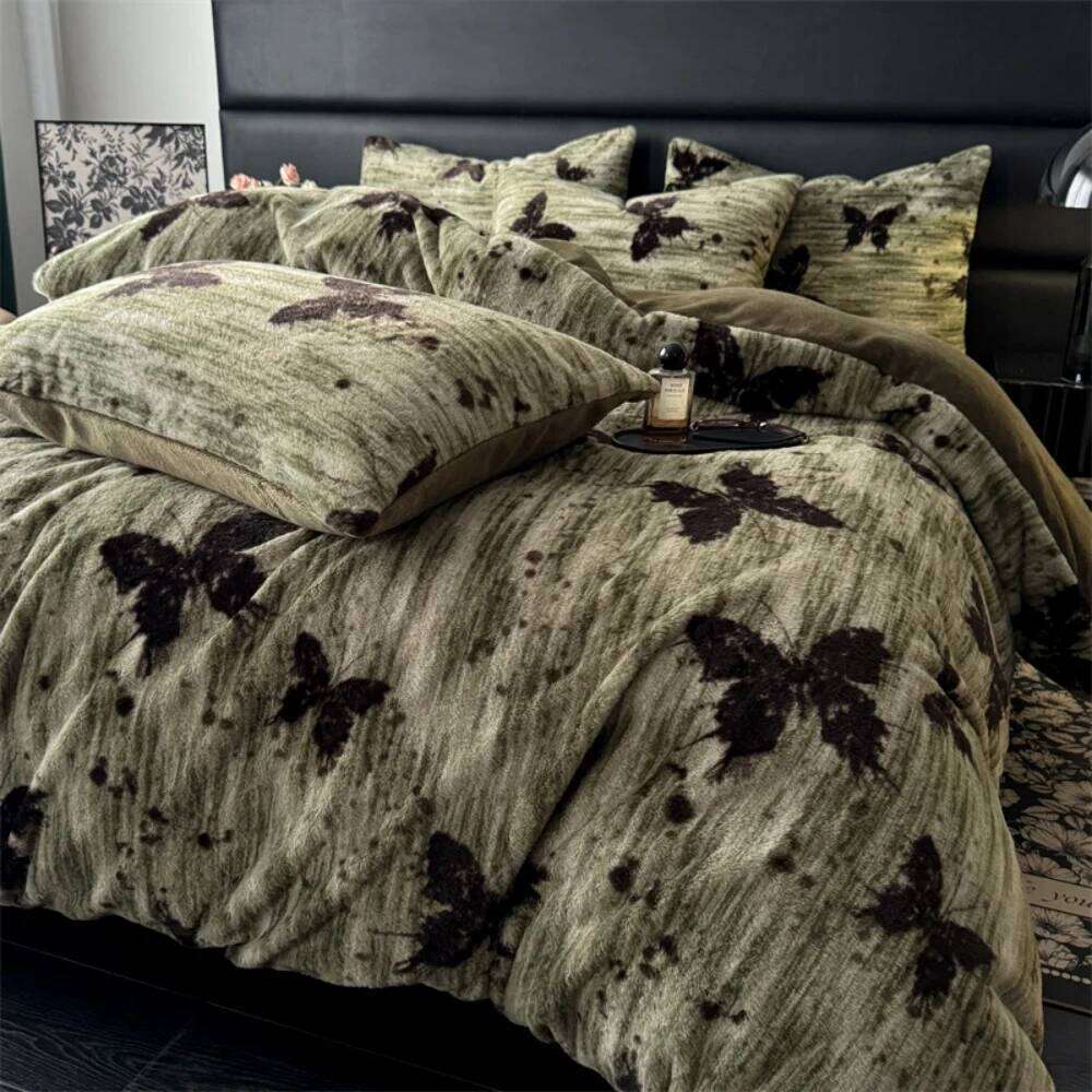 Retro Leopard Printed Rabbit Plush Quilt Cover Pillowcase Bed Sheet Four-Piece Thicken Winter Warm Coral Fleece Bedding Set W260302