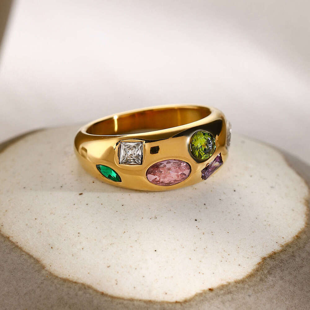 European and American INS Trendy 18K Gold Stainless Steel Inlaid Colorful Zircon Size 7 Cross-Border Wholesale New Ring