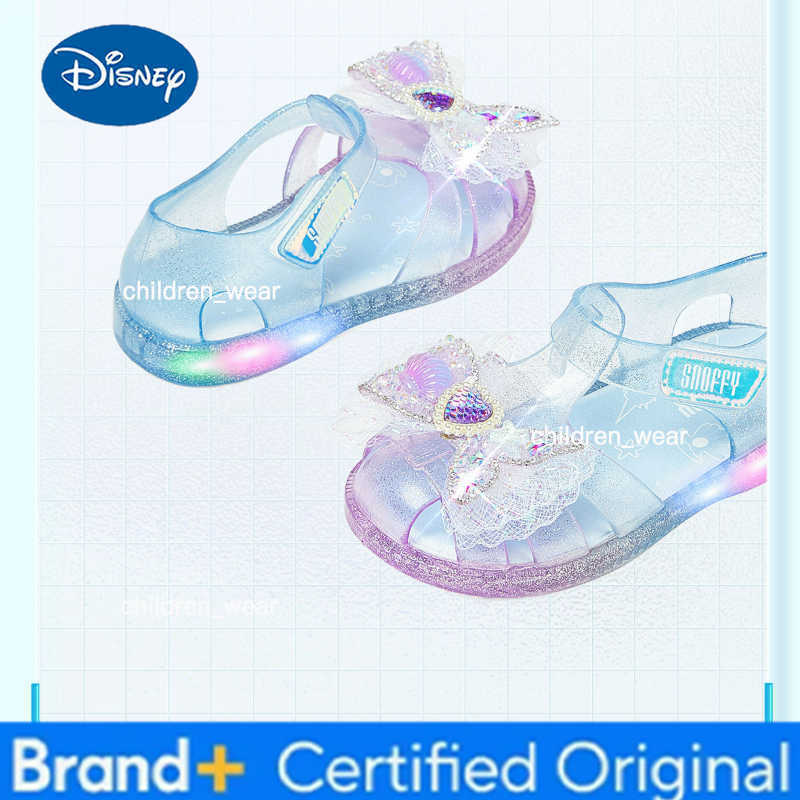 Disney KidsCasual Shoes Sandals Cartoon PVC Lace Bow Fashion Summer Flat Shoes For Children Anti-slip Breathable Blue Size 25-29 H260303