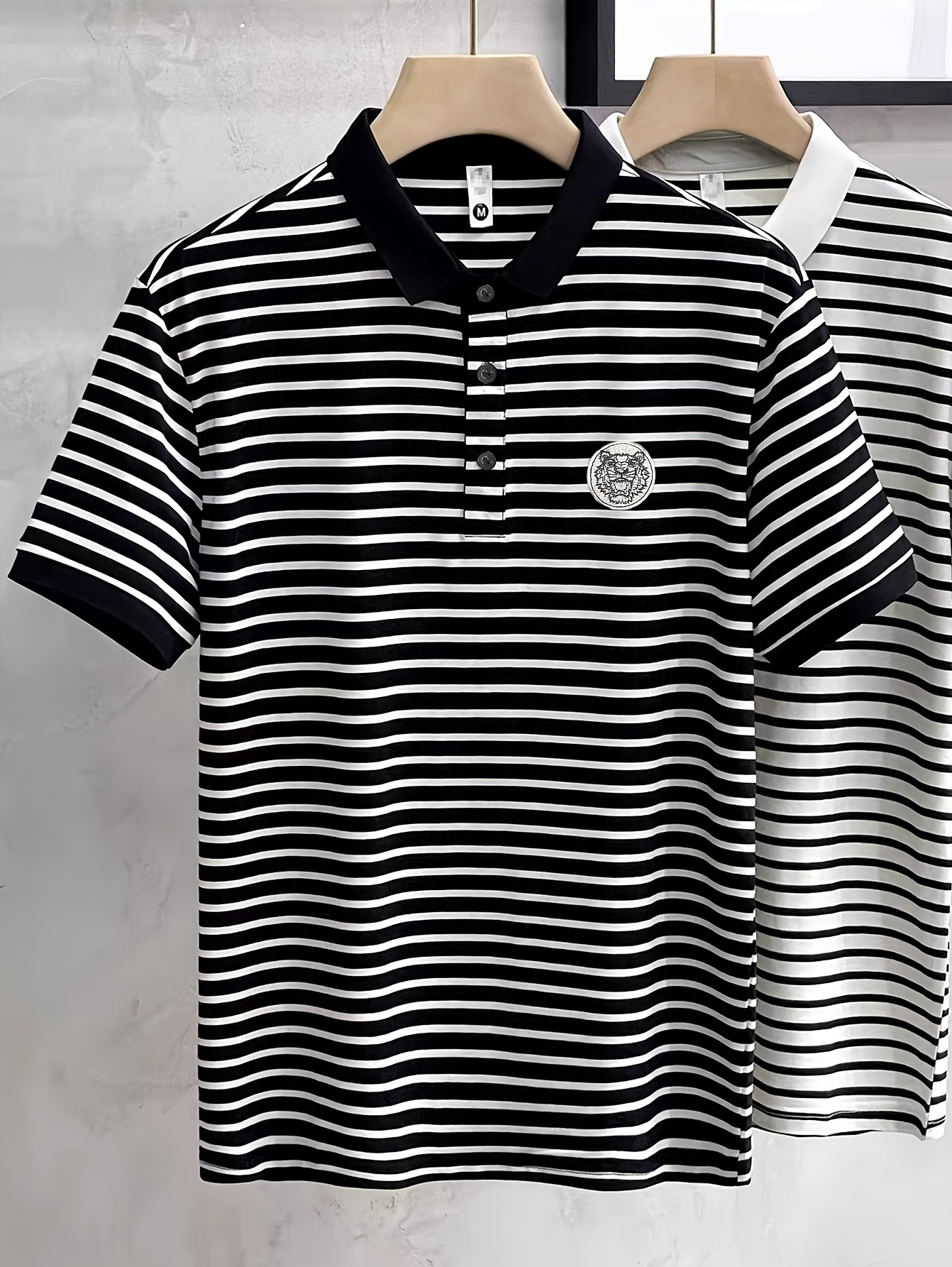 Luxury Brand Designer Clothes Embroidered Striped Short Sleeve Polo Shirt | Casual Skinny Fit Men's T-Shirt, Medium Stretch Fabric, No Belt, Anim