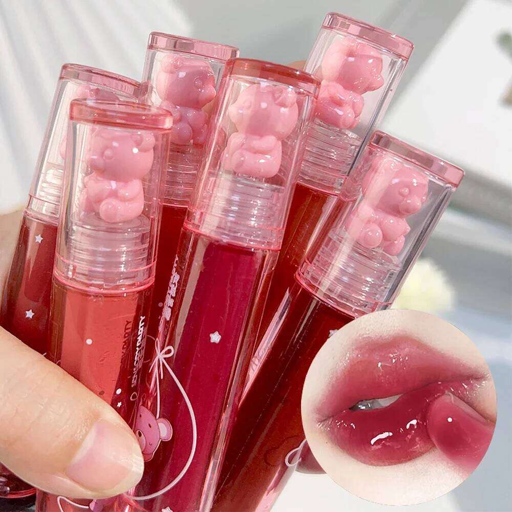 Crystal-frozen Lip Glaze Cute Bear Pink Jelly Lipgloss Glossy Mirror White Nude Liquid Lipstick Lips Korean Makeup H260302