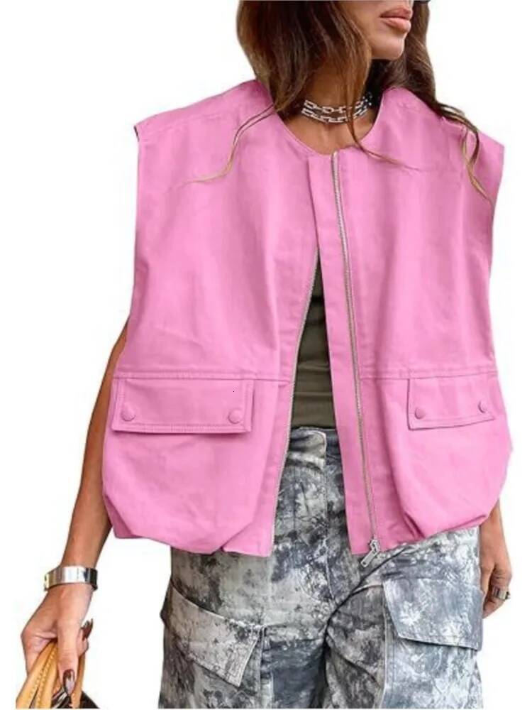 Women's Zip Up Vest Fashion Sleeveless Loose Jacket Solid Color Oversized Jackets 2025 Spring Autumn Casual Street Style Tops dongdumaoyi
