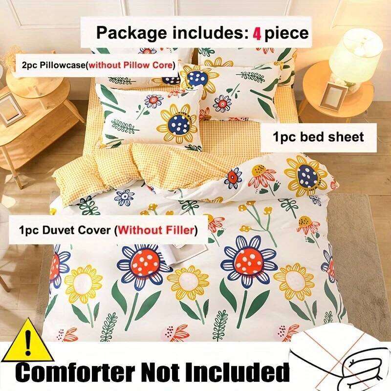 Soft Delicate Floral Pattern Styles Duvet Cover and Four Piece Sheet Set with Washed Cotton Bedding on The Bed W260302