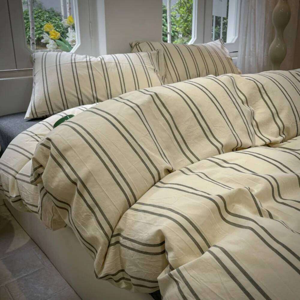Reversible Striped Duvet 3pcs Home Bedding Set,Geometric Lines Comforter Polyester Quilt Cover with 2 Pillowcases W260302