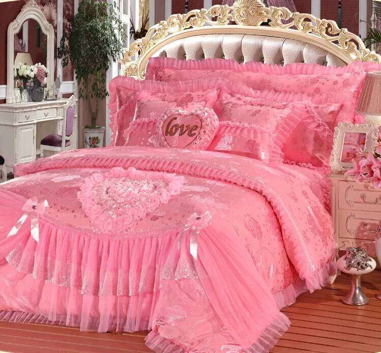 Red Jacquard Satin Cotton Bedding Set, Luxury Chinese Wedding Princess Heart-Shaped Lace Duvet Cover, Bed Sheet, Pillowcases W260302