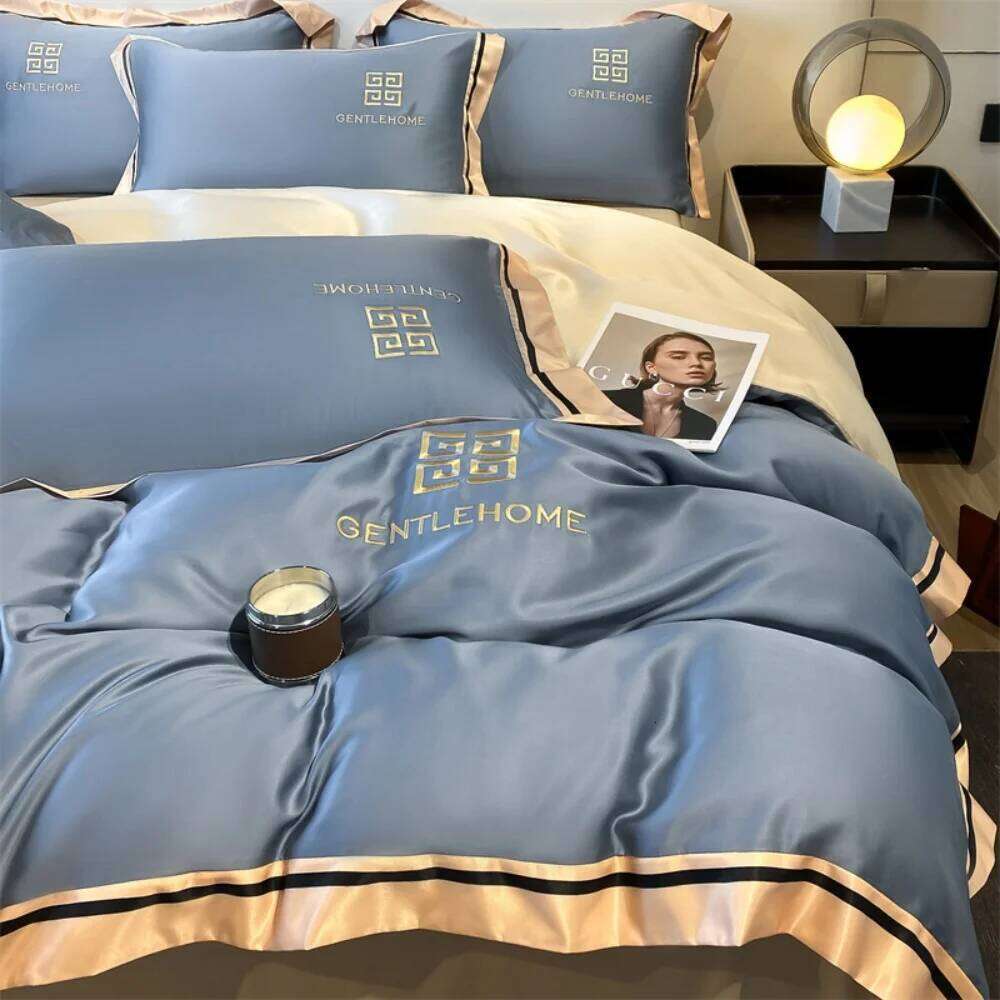 Luxury Embroidery Four-Piece Washed Ice Silk Smooth Sleeping Naked Summer Duvet Cover Bed Sheet Pillowcases Bedding Set W260302 W260302