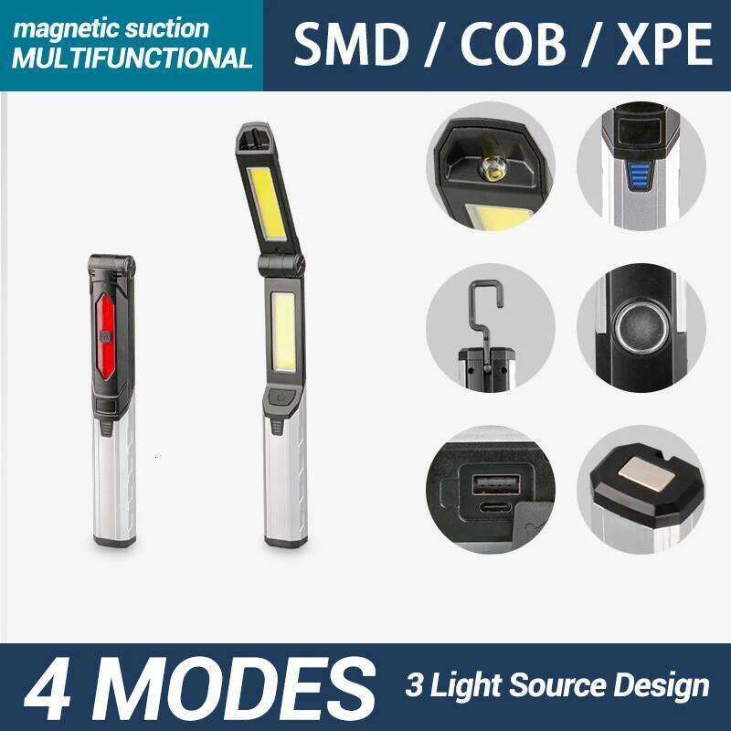 Multifunctional Portable LED 4 Light Modes Flashlight With Magnetic And Hook Outdoor Camping Emergency Work Lamp S260302