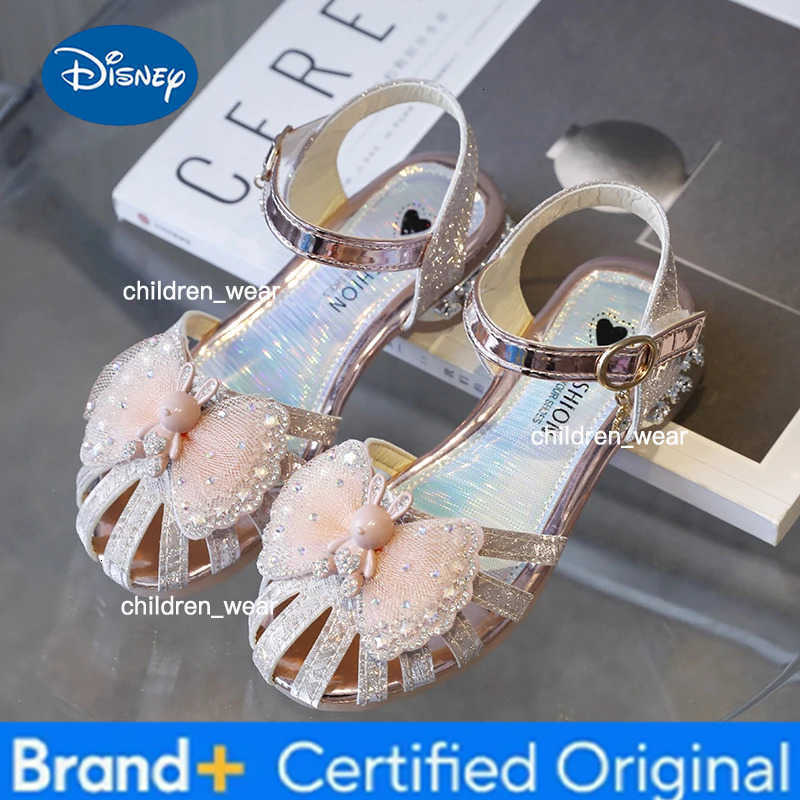 Disney Girls Sandals Summer Toes-covered Sweet Children High Heels for Wedding Party Fashion Elegant Bowtie Kids Causal Dress Sandals H260303