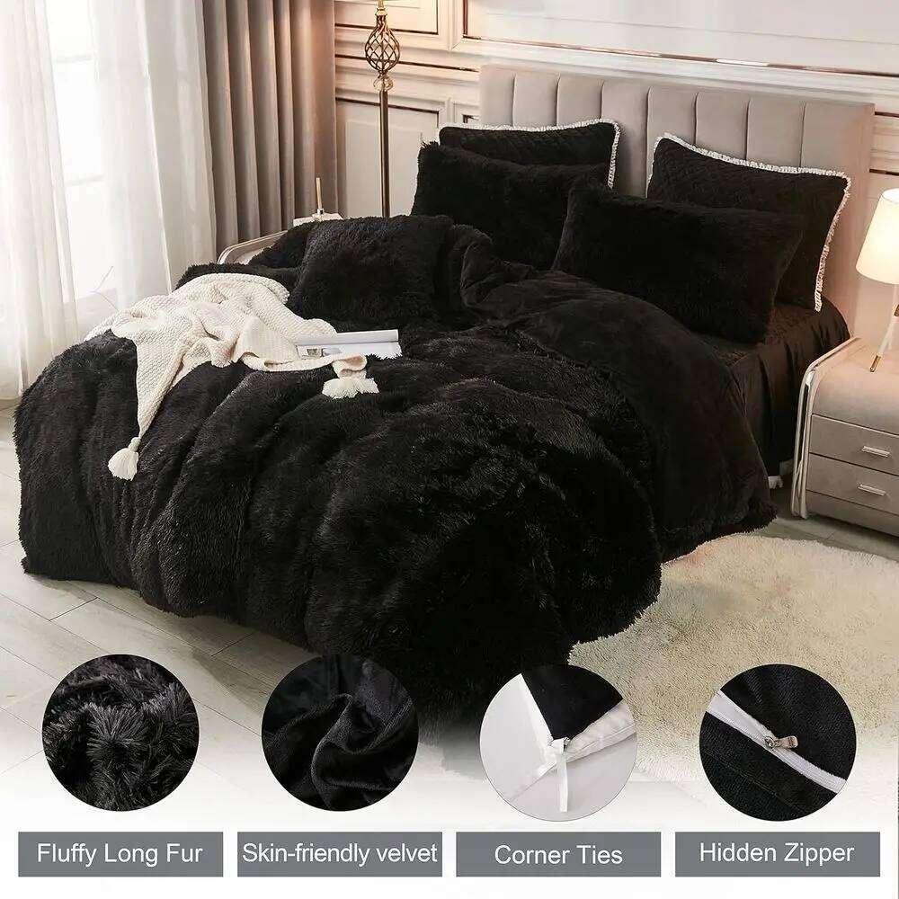 Luxury King Size Black Faux Fur Duvet Cover Set with 2 Pillowcases, Plush Velvet, Zippered Closure W260302