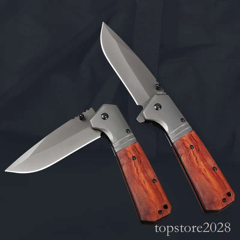 High Quality A228 Flipper Folding Knife 3Cr13Mov Titanium Coating Drop Point Blade Wood with Steel Handle Outdoor EDC Pocket Knives