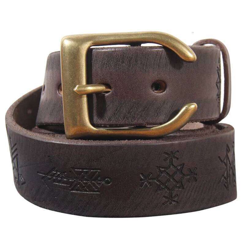 Extra Thick Cowhide Personality Brass Horn-shaped Buckle Head Men's Retro Laser Engraving Lucky Phaeton Symbol Jeans Belt S260228