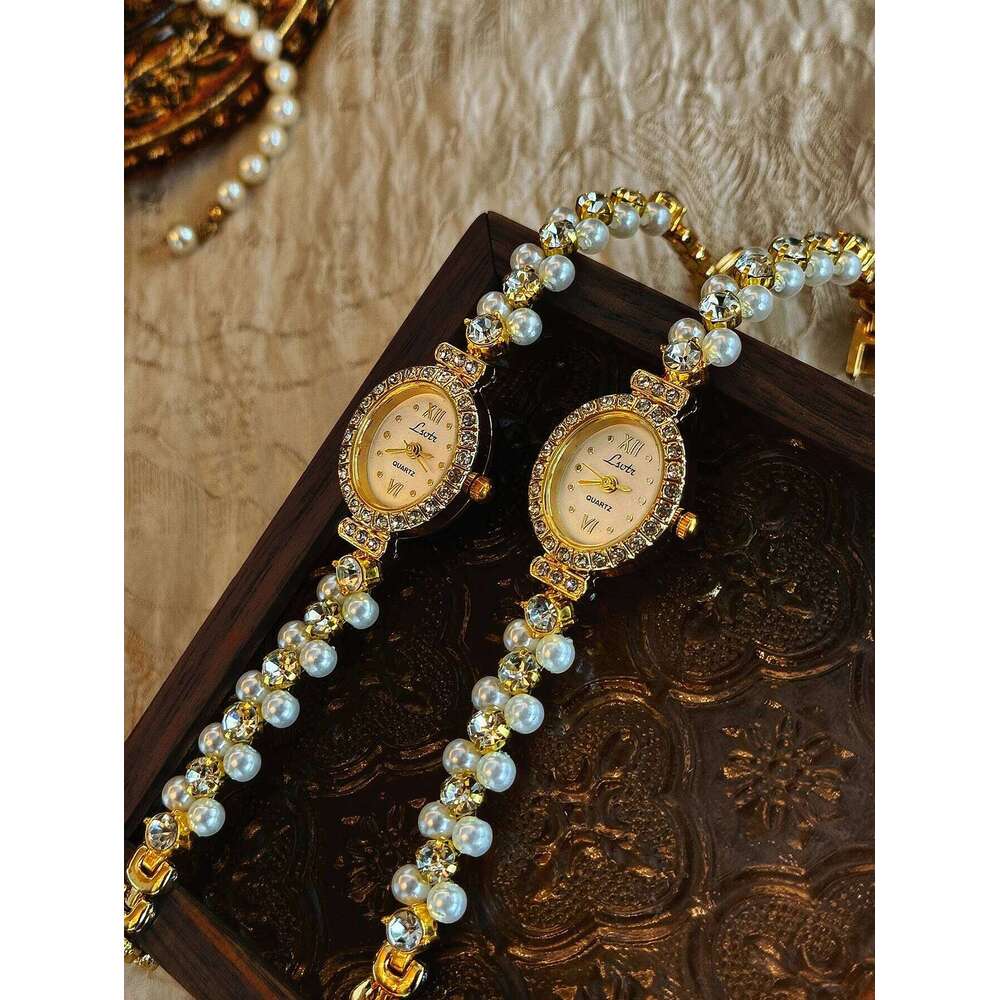 1 Brand New Luxurious Watch Women with Pearl Rhinestone Inlays, Elegant Vintage Fashion, Oval Mother-Of-Pearl Dial, Suitable for Daily Wear, Parties, 