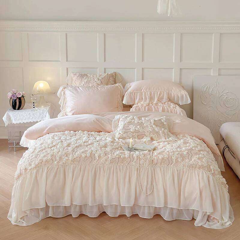 Korean Style Pink Lace Flowers Princess Bedding Set Egyptian Cotton Ruffles Comforter/Duvet Cover Bed Sheet Pillowcases W260302