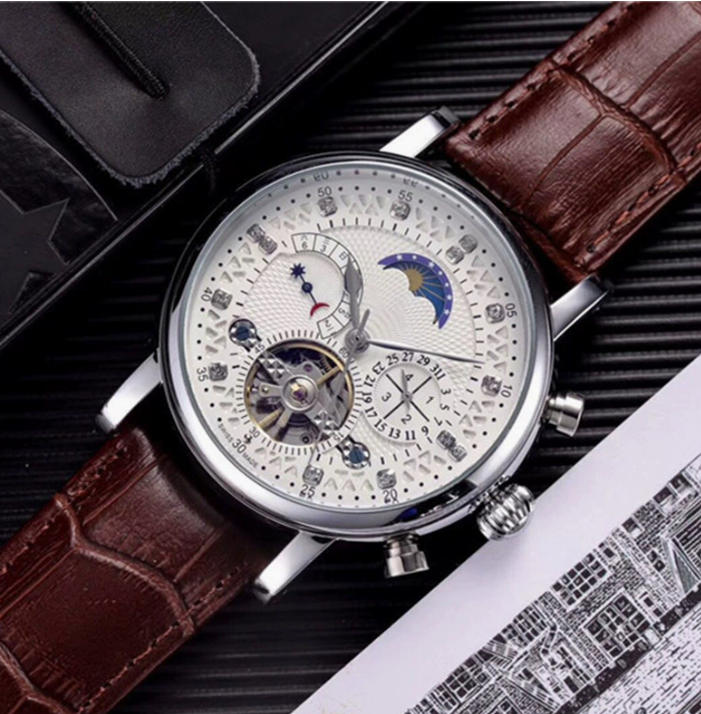 Designer Classic Man Watches Automatic Mechanical Transparent Bottom Black Brown Cow Leather Strap Fashion Male Wristwatches Dropship