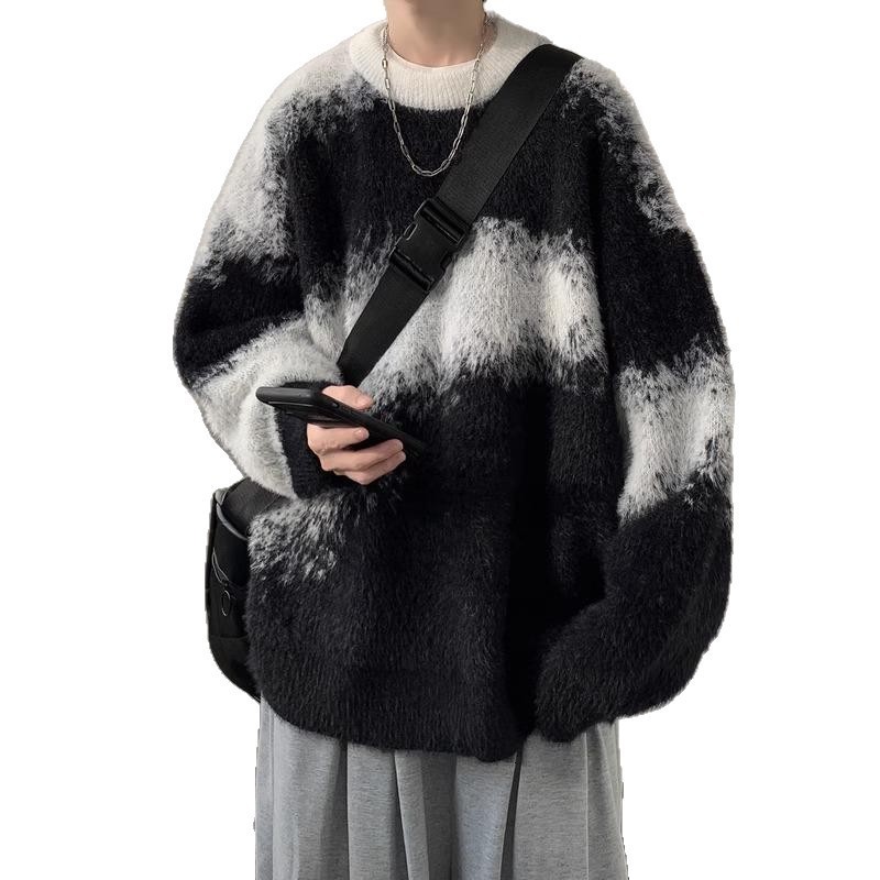 Mens Round Neck Sweater Winter Thickened and Warm Casual Style for Teenagers Trendy American Style Color-Block Knitwear Jacket 240820