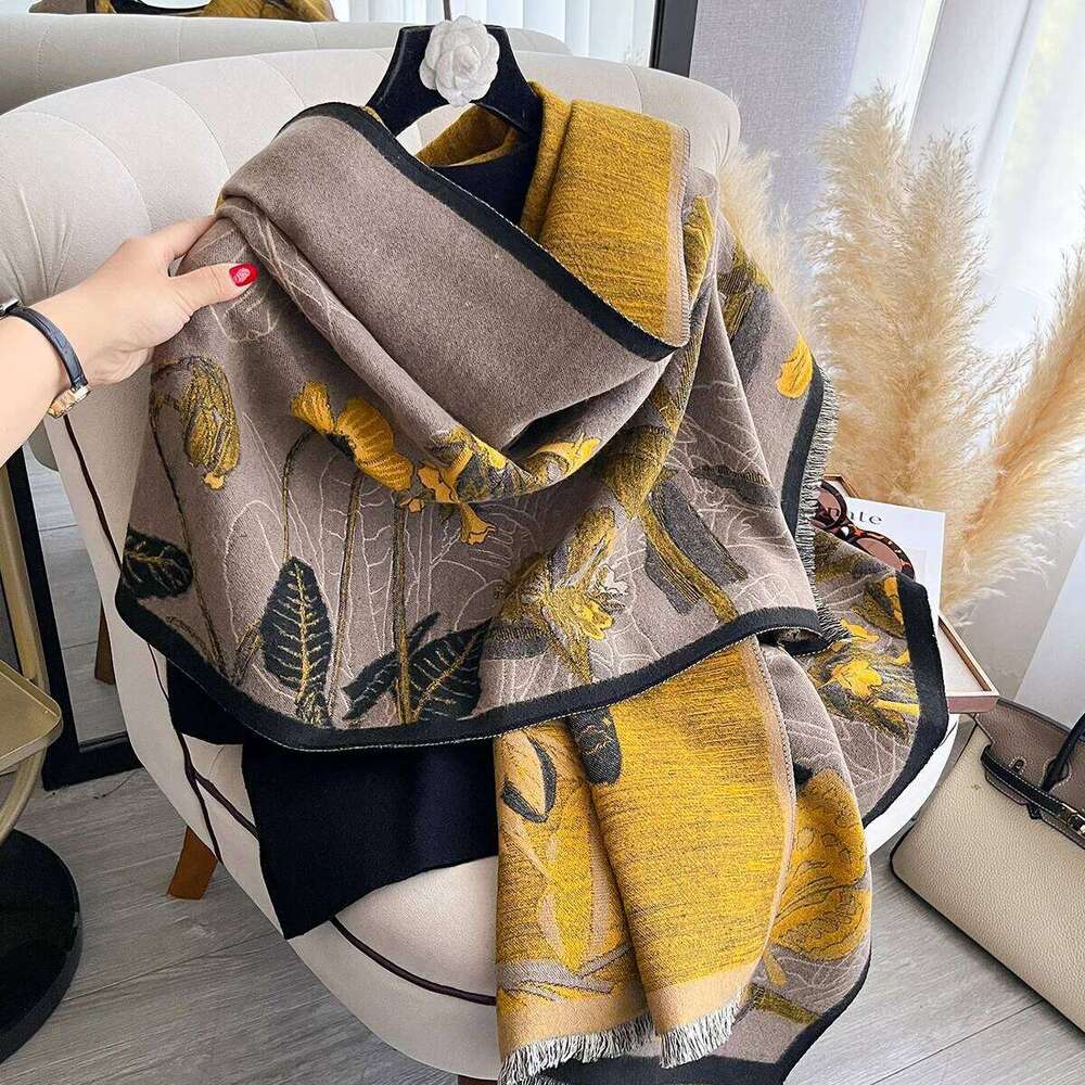Women's Flower Warm Shawl Simple Thick Imitation Cashmere Scarf with Jacquard Ideal for Autumn and Winter XJ260304