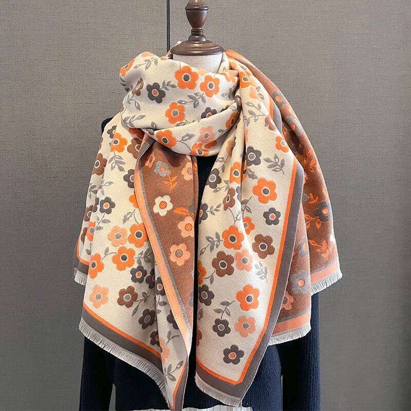 Thickened Warm Scarf Floral Tassel Pashmina Shawl For Women Faux Cashmere Warps Autumn Winter Coldproof Windproof Blanket XJ260304