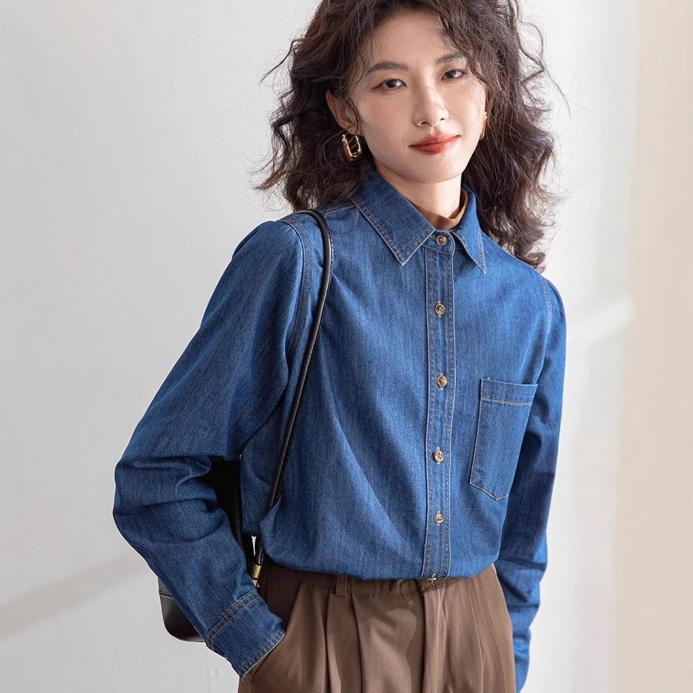 Women's Long-sleeved Denim Polo Shirt Shirt For Layering Autumn New Design Versatile Vintage Designer Shirt Designer Hoodie Straight-shoulder Denim Shirt