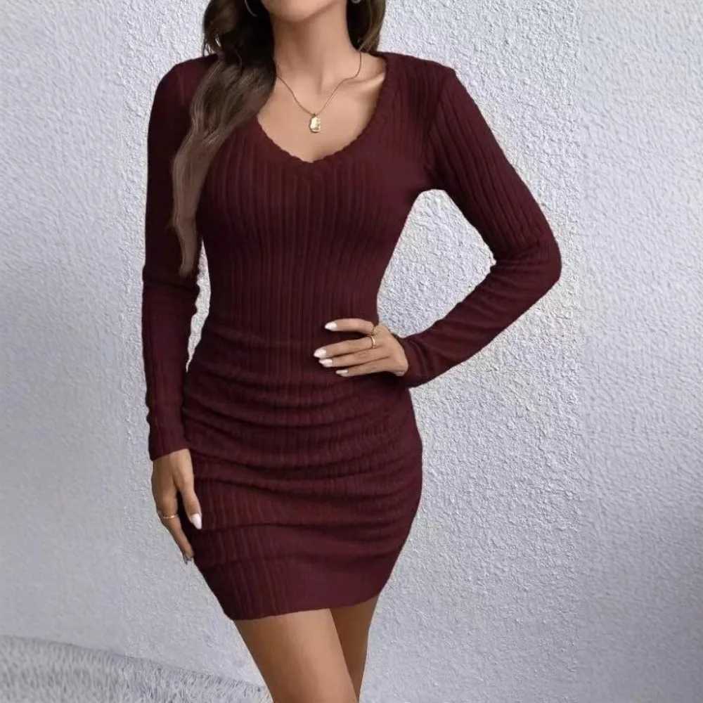 Womens Ribbed Bodycon Dress - Long Sleeve V-Neck Slim Fit Midi Dress for Fall Work Date Night and Casual Chic M260304