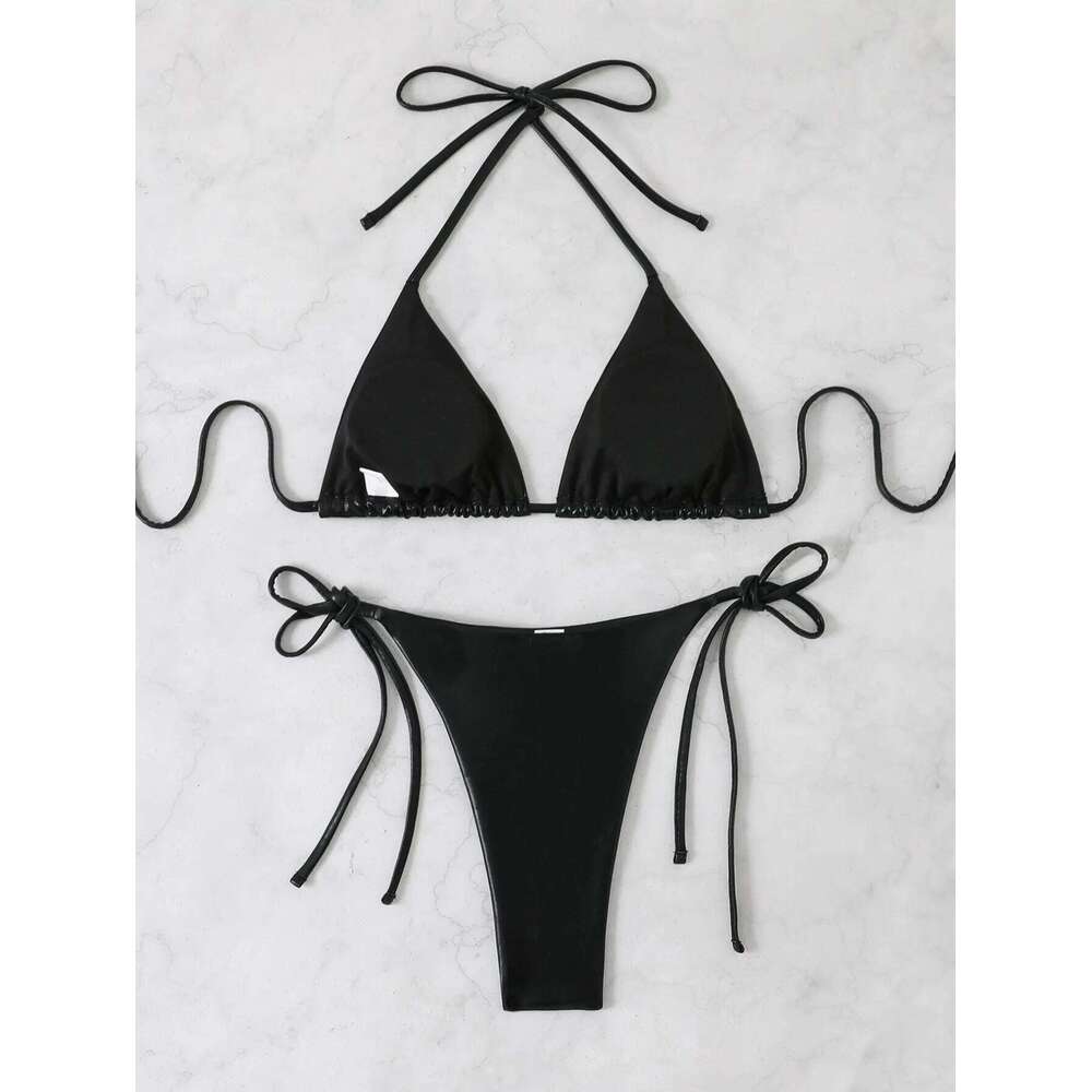 sexy metallic glitter halter tie micro bikinis sets two pieces solid thong bandage swimsuit bathing suit swimwear biquini Y260303