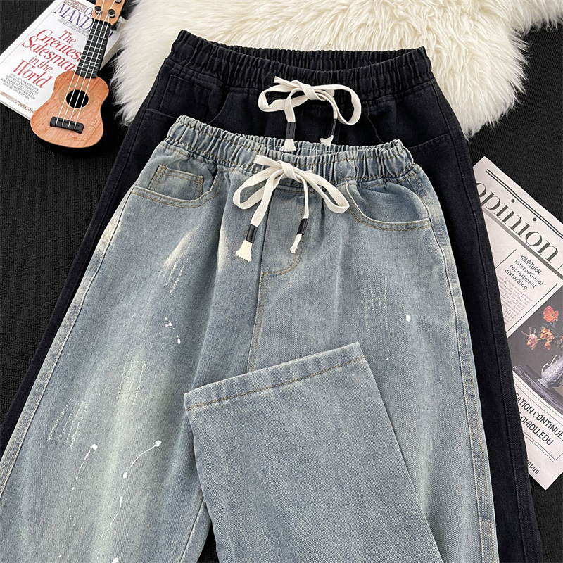 Elastic Waist Splash-dye Jeans For Men Spring And Autumn Japanese Retro Loose Casual Washed Distressed Designer Pants Straight Pants