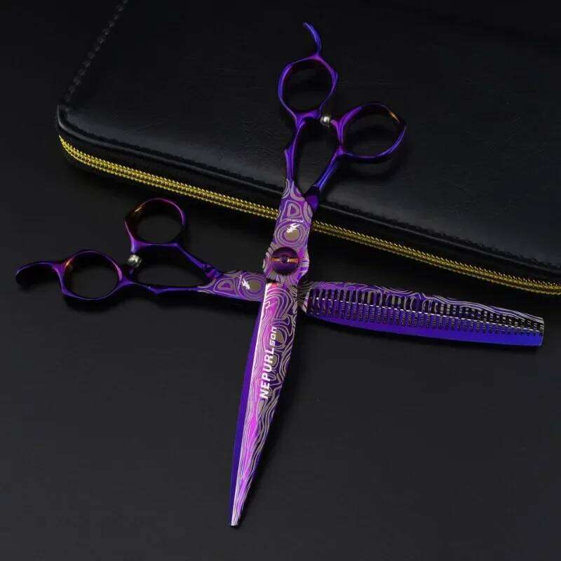 Upscale hair scissors, cutting barber tools, haircut thinning shears, 7 inches purple Damascus scissor H260303