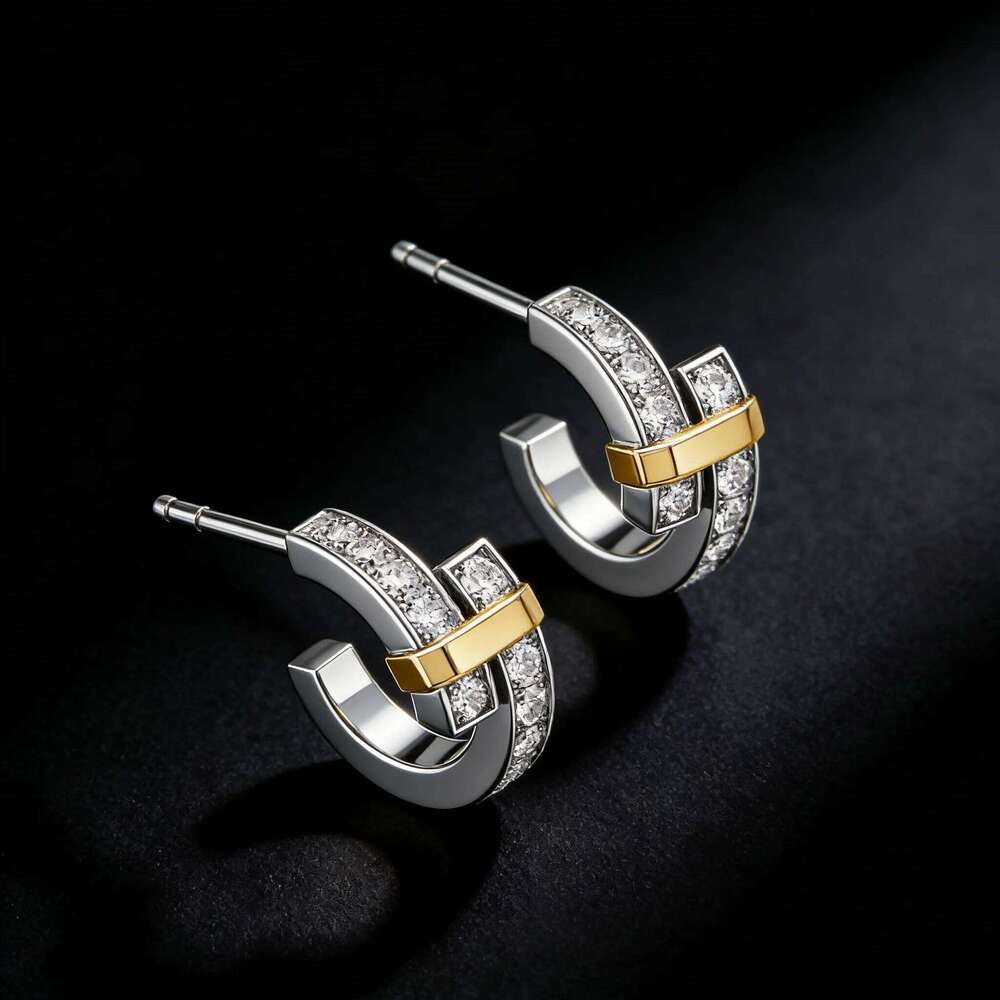 Stylish Sterling Silver Two Tone Interlaced Women S Style Zircon Set Stud Earrings Luxury Party Jewelry