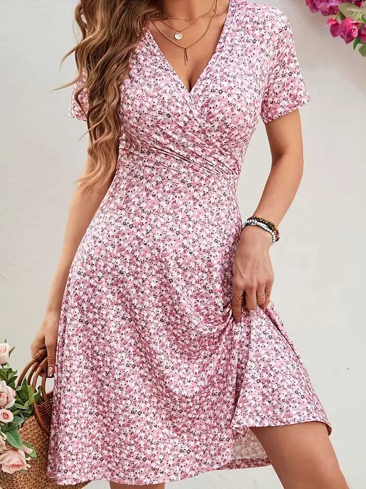 Floral Print Mini Dress Short Sleeve Midi Skirt Womens Fashion Spring Summer V Neck Polyester Fiber Regular Waistline Dress M260304