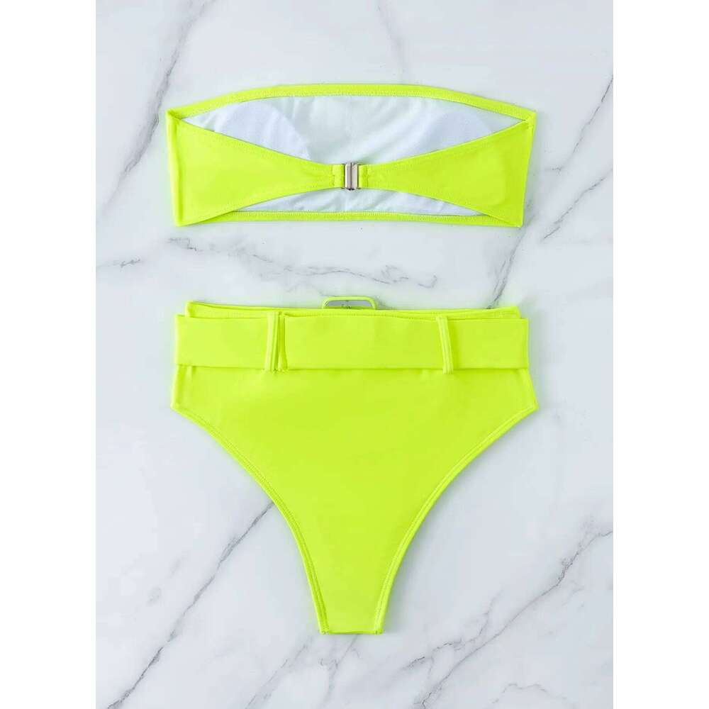 Neon Yellow High Waist Bikini 2024 New Belt Women Sexy Two Piece Swimsuit Push Up Swimwear Female Bathing Suit Summer Beachwear Y260303