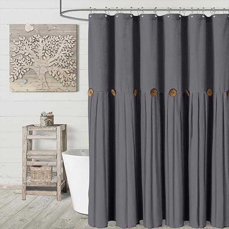 YL-38295 Button-trimmed Skirted Bathroom Shower Curtain, Cotton Linen Waterproof Button-linen Bathroom Curtain