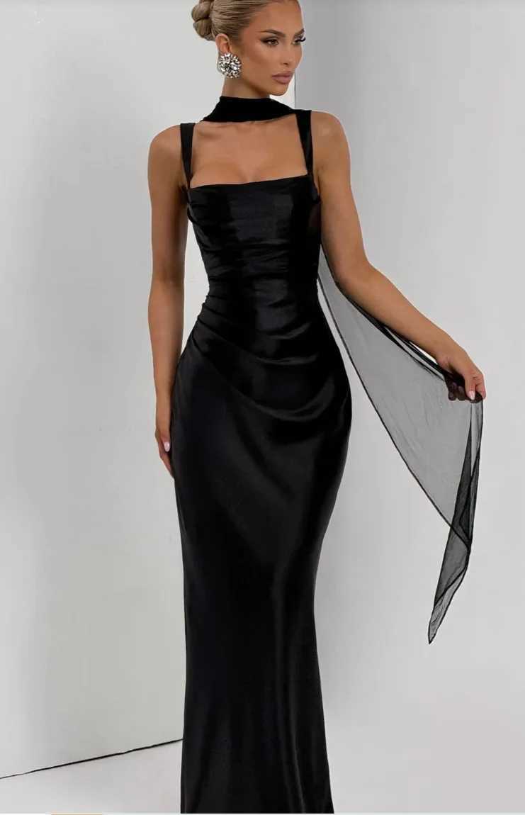 Sexy Solid Ribbon Evening Dress Fashion Sleeveless Square Collar Lace Up Backless Slim Maxi Dresses Lady Summer Dinner Party New M260304