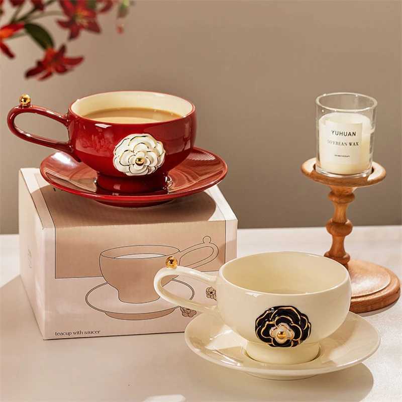 High-Grade Exquisite Cup 2025 New Three-Dimensional Camellia Coffee Cup Saucer Ceramic Cup Red White Black Suit 280MLT260304